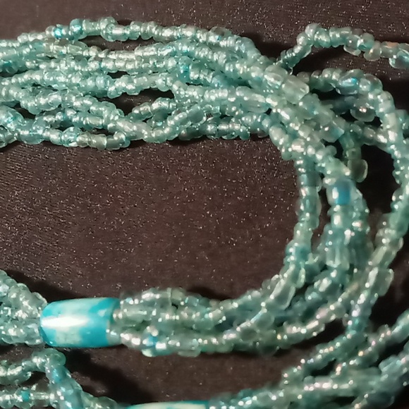 Long or layered glass seed bead aquamarine necklace 48 inches long - Picture 2 of 9